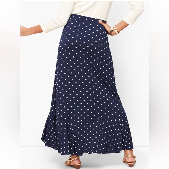 Talbots polkadot flounce hem maxi skirt navy blue flowy beachy peitie small - Picture 2 of 6